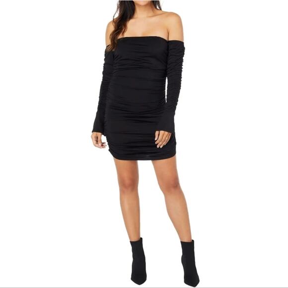 [B4] NWT Kerry Ruched Off-the-Shoulder Black Mini Dress, Size XS - Picture 1 of 5